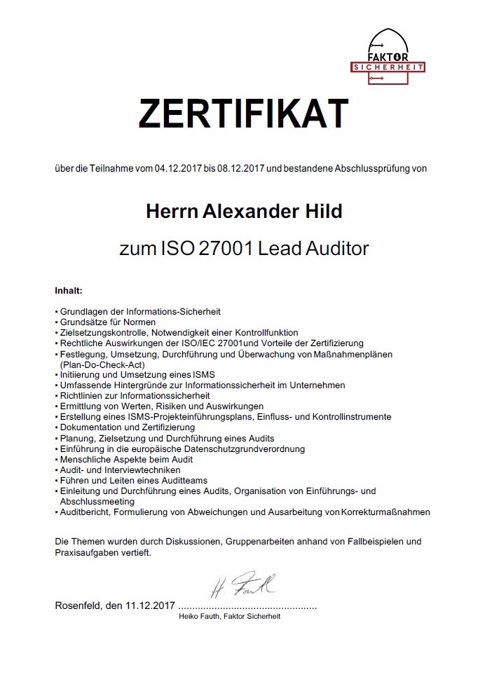 Zertifikat ISO 27001 Lead Auditor